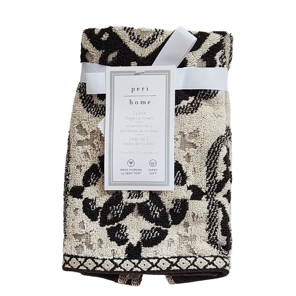 Peri Home Moroccan Tiles 6pc Cotton Towels Black Beige Set 2 Bath 2 Hand 2 Tip - Picture 5 of 16